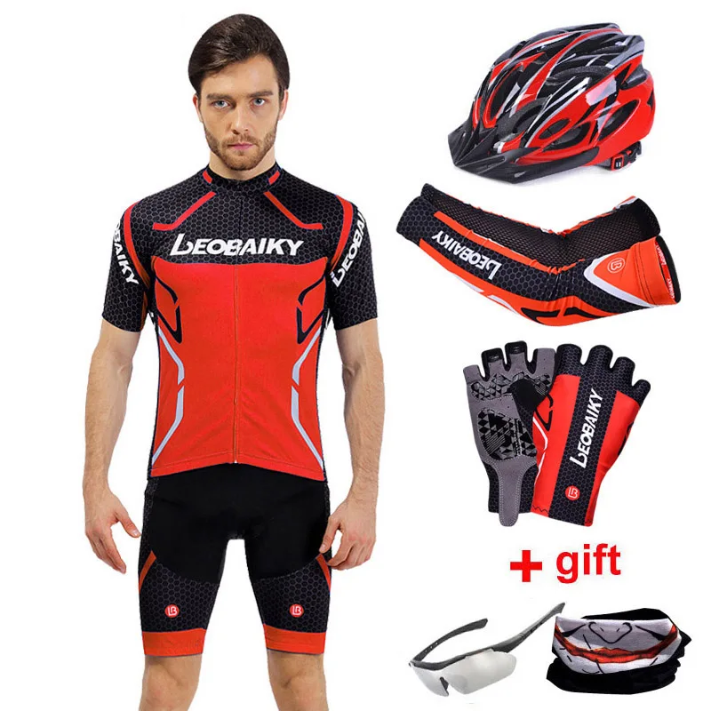 full set RED Mtb Pro Team Bicycle Clothes Men Mountain Bike Clothing Breathable Anti-UV Sport Wear Short Sleeve Cycling Jersey Shorts Sets - Цвет: full set RED