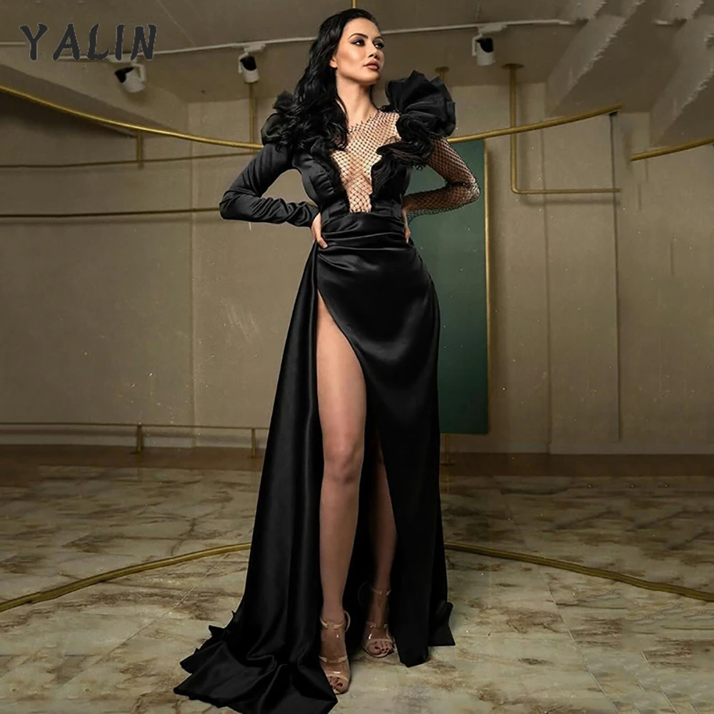 

YALIN Long Sleeves Sexy Black Evening Dresses High Side Split Formal Party Dress Arabic Satin Robe De Soiree 2022 Prom Gowns
