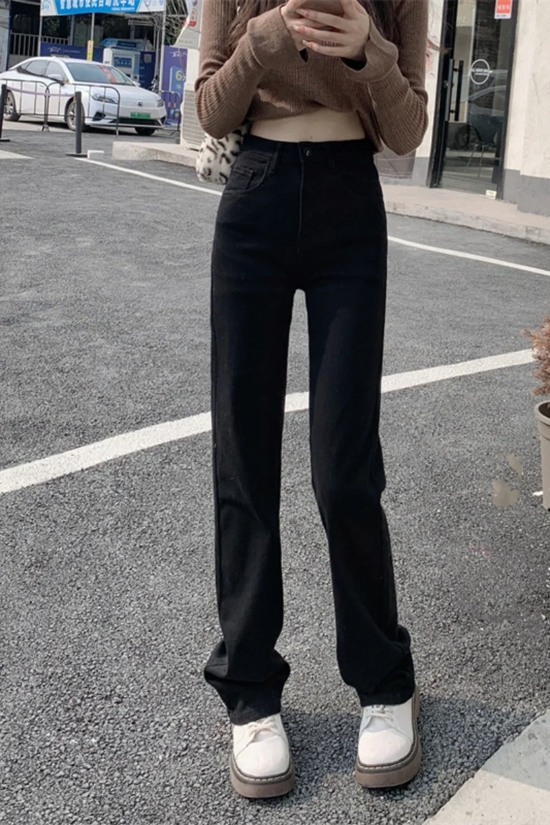 Осенние свободные черные прямые женские джинсовые брюки 2021 корейские облегающие