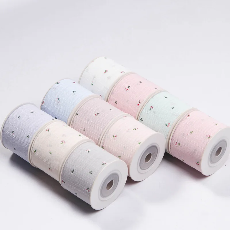 5 yards Double-sided Mini Floral Printed Cotton Linen Ribbon DIY Bowknot Hair Accessories Clothing Hat Bouquet Decoration