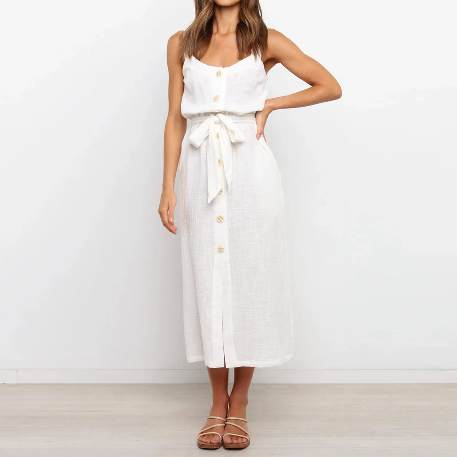 

traf Simple Style Solid Color Dress Women Buttons Bandage Solid Sling Vest Sleeveless new Sexy Loose Long Dress