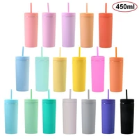 450ml double layer plastic frosted water cup 16oz colorful matte water bottle with straw and lid coffee cup mug tumbler gifts