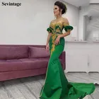 Женское вечернее платье-Русалка Sevintage, зеленое атласное платье с открытыми плечами, кружевной аппликацией и коротким рукавом для выпускного вечера