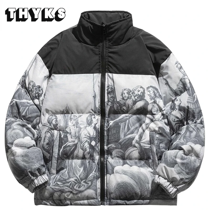 

Winter Padded Parka Men Women Thicken Warm Patchwork Vintage Mural Print Down Jacket Streetwear Harajuku Oversized Coat Unisex
