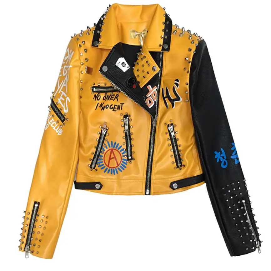 Женская байкерская куртка из искусственной кожи с вышивкой граффити и бисером