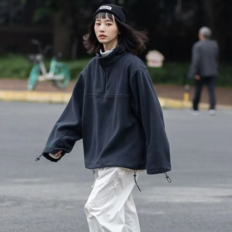 

Polar Fleece Sweatshirt Women Autumn-winter Korean Fashion Stand Collar Solid Color Tops Couple Streetwear Loose Trendy Pullover