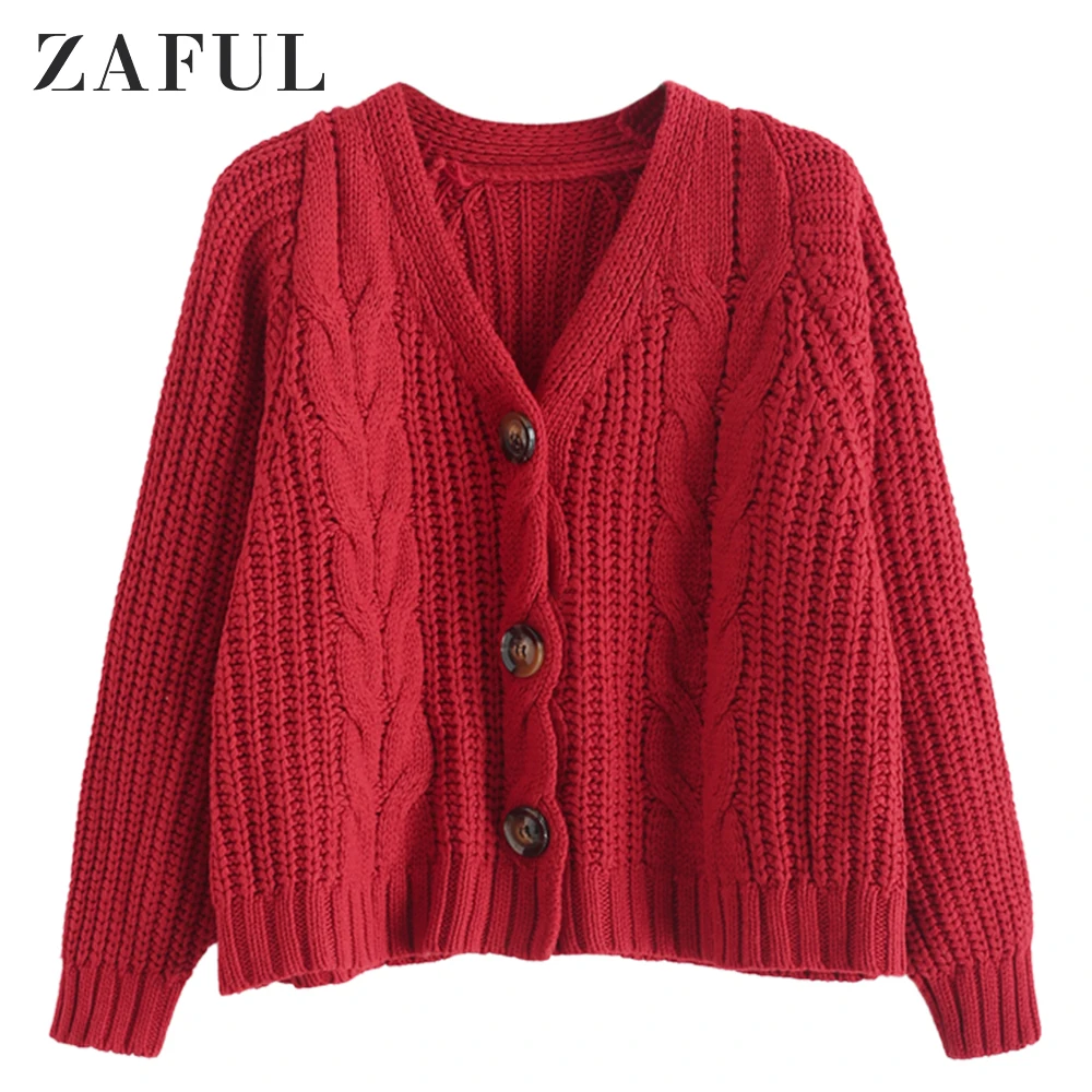 

ZAFUL Women Buttoned Cable Knit Crop Chunky Cardigan Solid V Neckline Loose Cardigans Elastic Short Soft Sweaters Autumn Casual