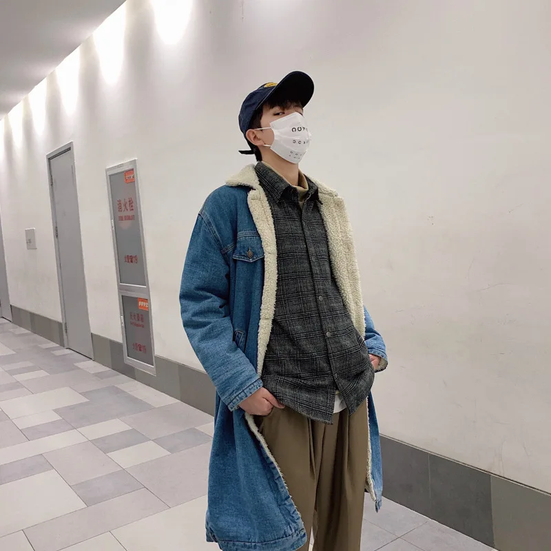 Мужская джинсовая куртка синяя с шерстяной подкладкой Теплый удлиненный