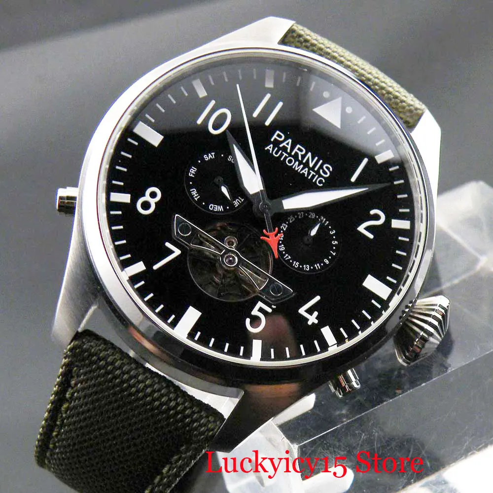 PARNIS 47mm Black Dial Week Date Indicator Men Wristwatch Hollow Self Winding Watch