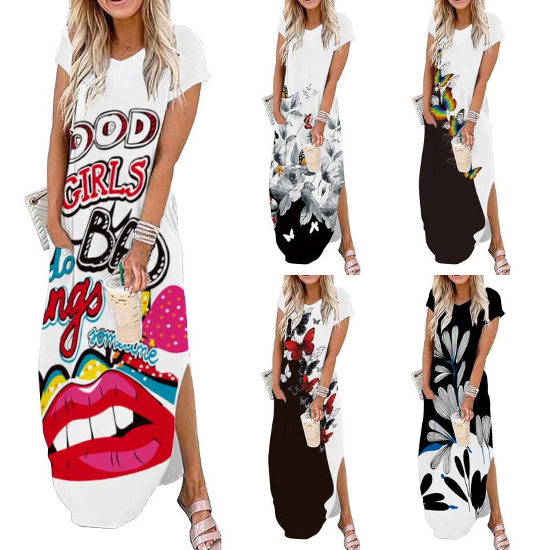 

New Vintage Party Dresses For Women Floral Print Short Sleeve Summer Dress Women Plus Size Sundress Pocket Beach Long Dress Boho