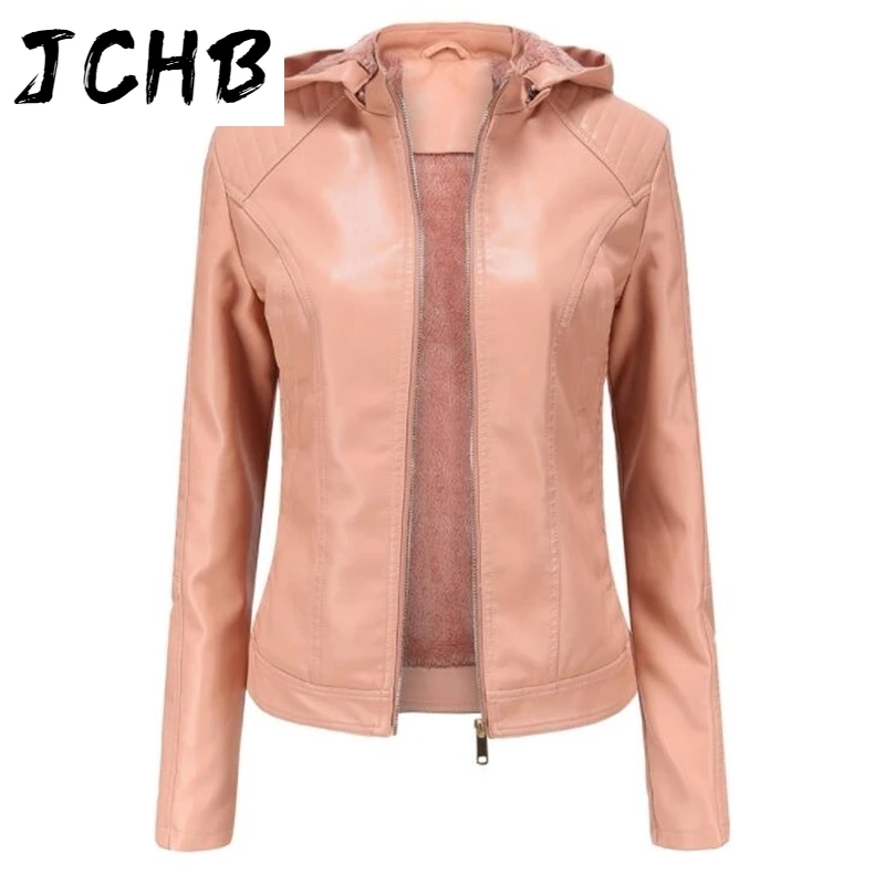 

Size Plus PU Jacket Women 2021 Autumn Winter Stand Collar Hooded Zipper Female Plush Leather Jacket Casual Warm Slim Short Coats