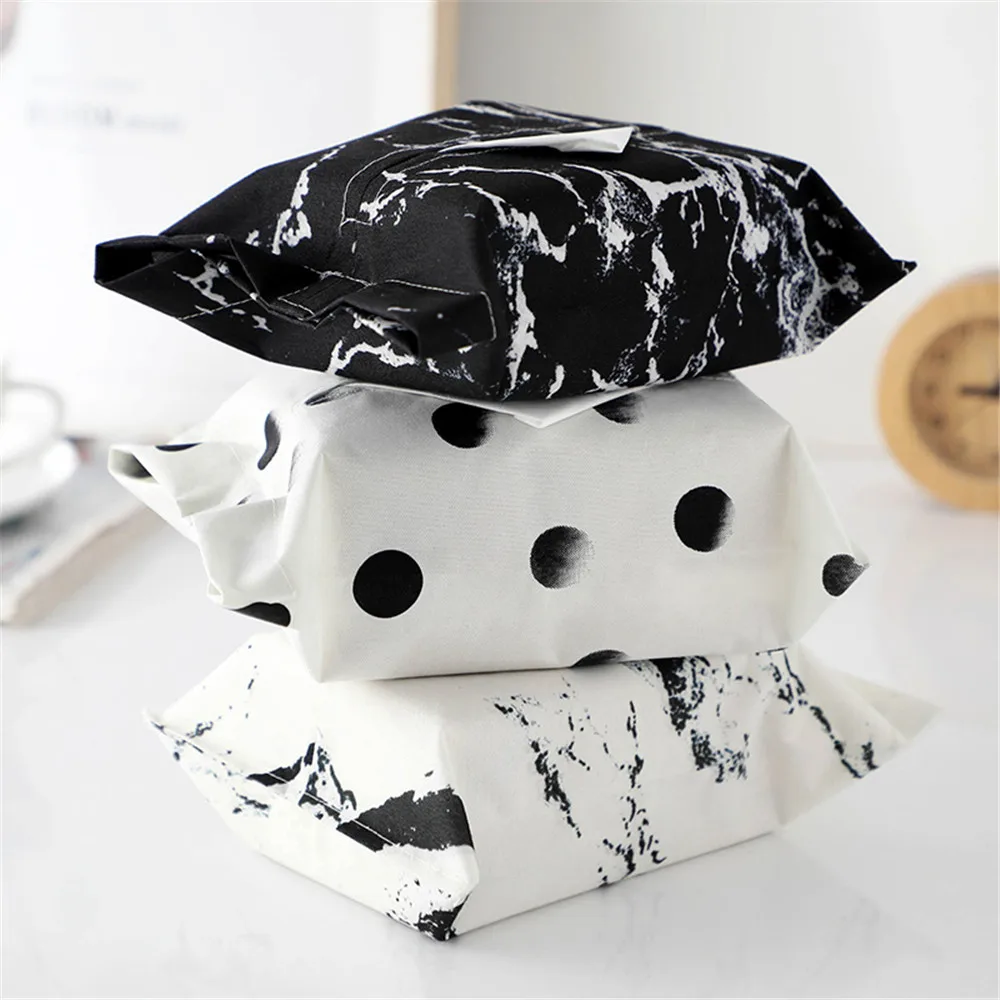 Креативная тканевая коробка для салфеток черно белая мраморная Геометрическая