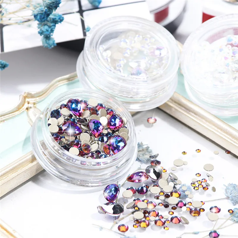 Цветные стразы для дизайна ногтей AB золотистые серебристые прозрачные с плоским