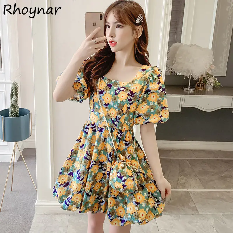 

Женское праздничное платье с цветочным принтом, летний сарафан с квадратным вырезом Ulzzang, Универсальный мини-сарафан с пышными рукавами в с...