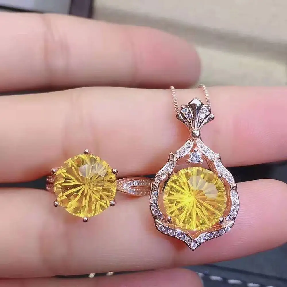 

High-quality yellow crystal S925 Ring Pendant Necklace suit for fashionable ladies