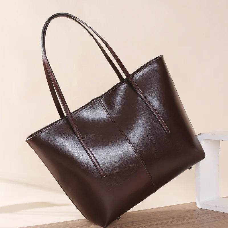 

Oil Wax Genuine Leather Women Big Tote Hand Bag Ladies Causal Handbags Cheap Shopping Shoulder Bag