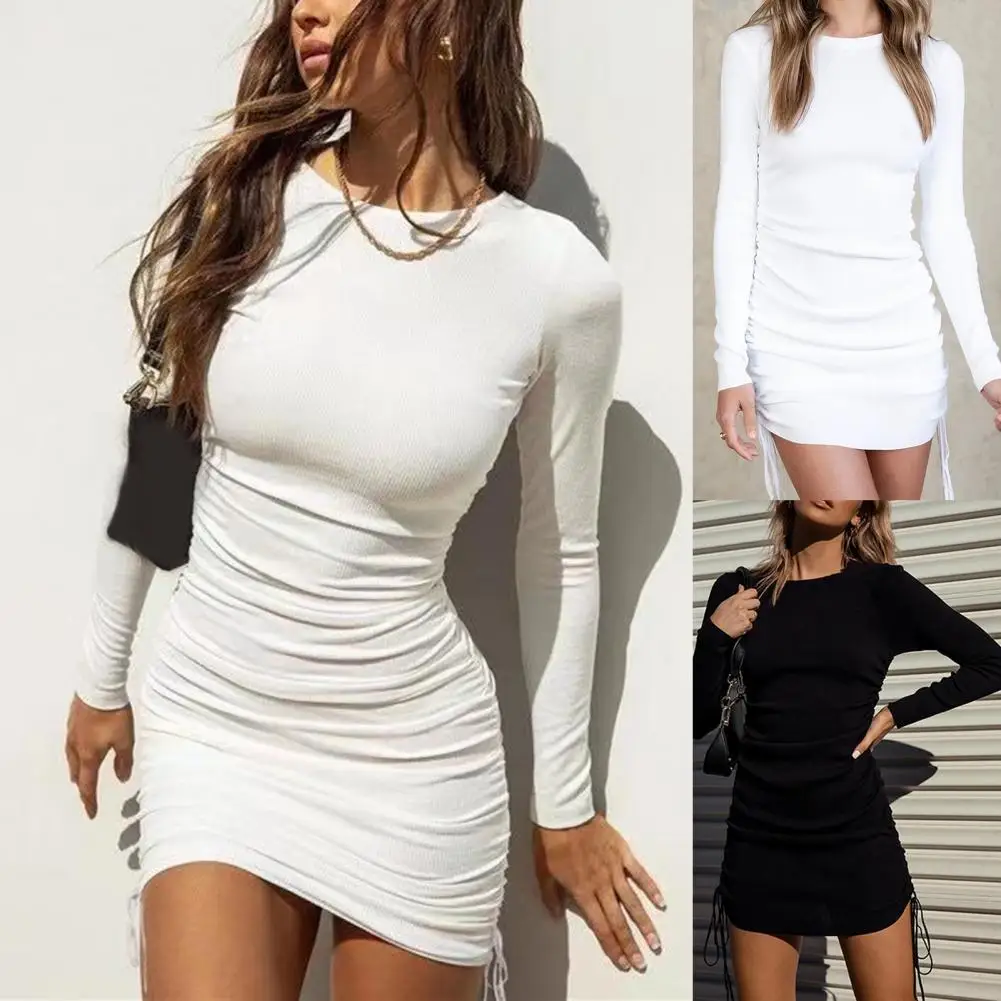 

Dress Full Sleeve Fold Ruched Drawstring Slim Casual Elastic Women Dress for Casual Daily Wear