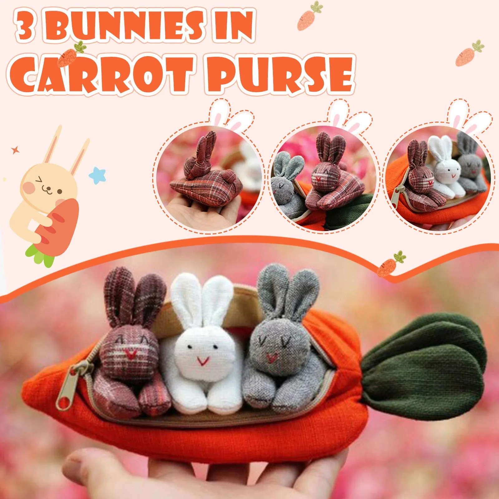 

40# 3 Rabbits In A Carrot Purse Unzip The Rabbit Doll Toy Pop-it Decompression Squishy Antistress For Hand Fidget Kids Toys