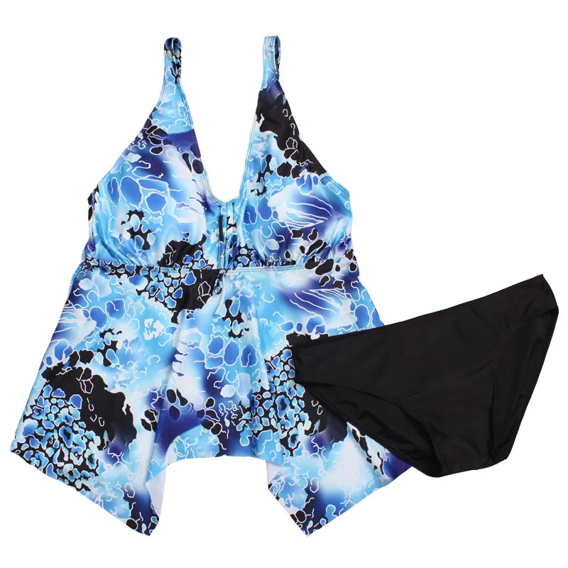 

Luren Plus Size Swimwear European and American Fat Woman Skirt Swimsuit Oversized Swimsuit Blue Printed Stitching Swimsuit 5XL