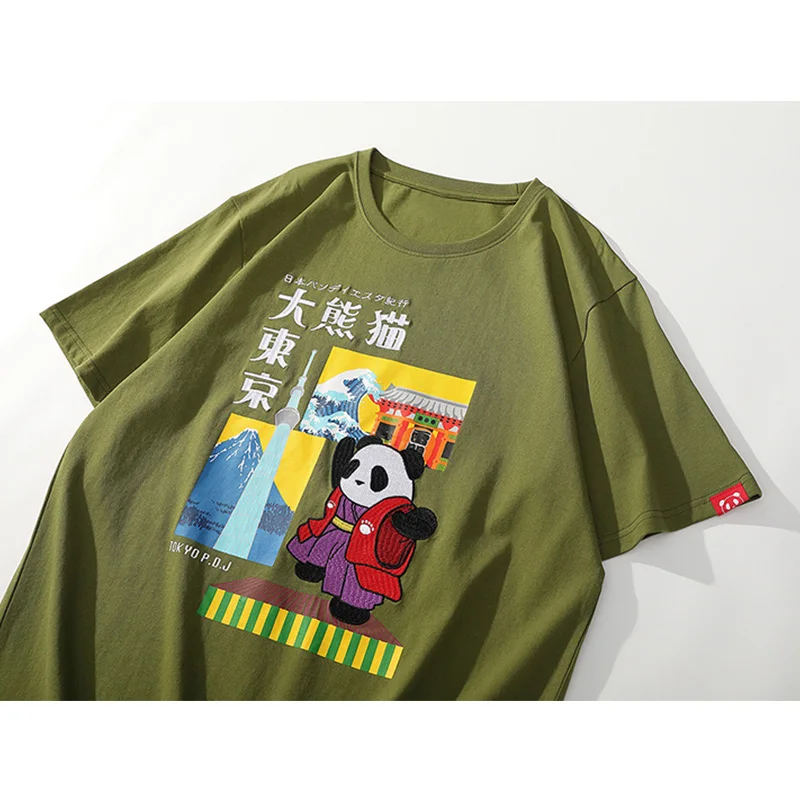 

Aolamegs Harajuku Tshirt Men Japanese Casual Cozy T-shirt Panda Embroidery Print Short Sleeve Tops Tee Hip Hop Streetwear Summer