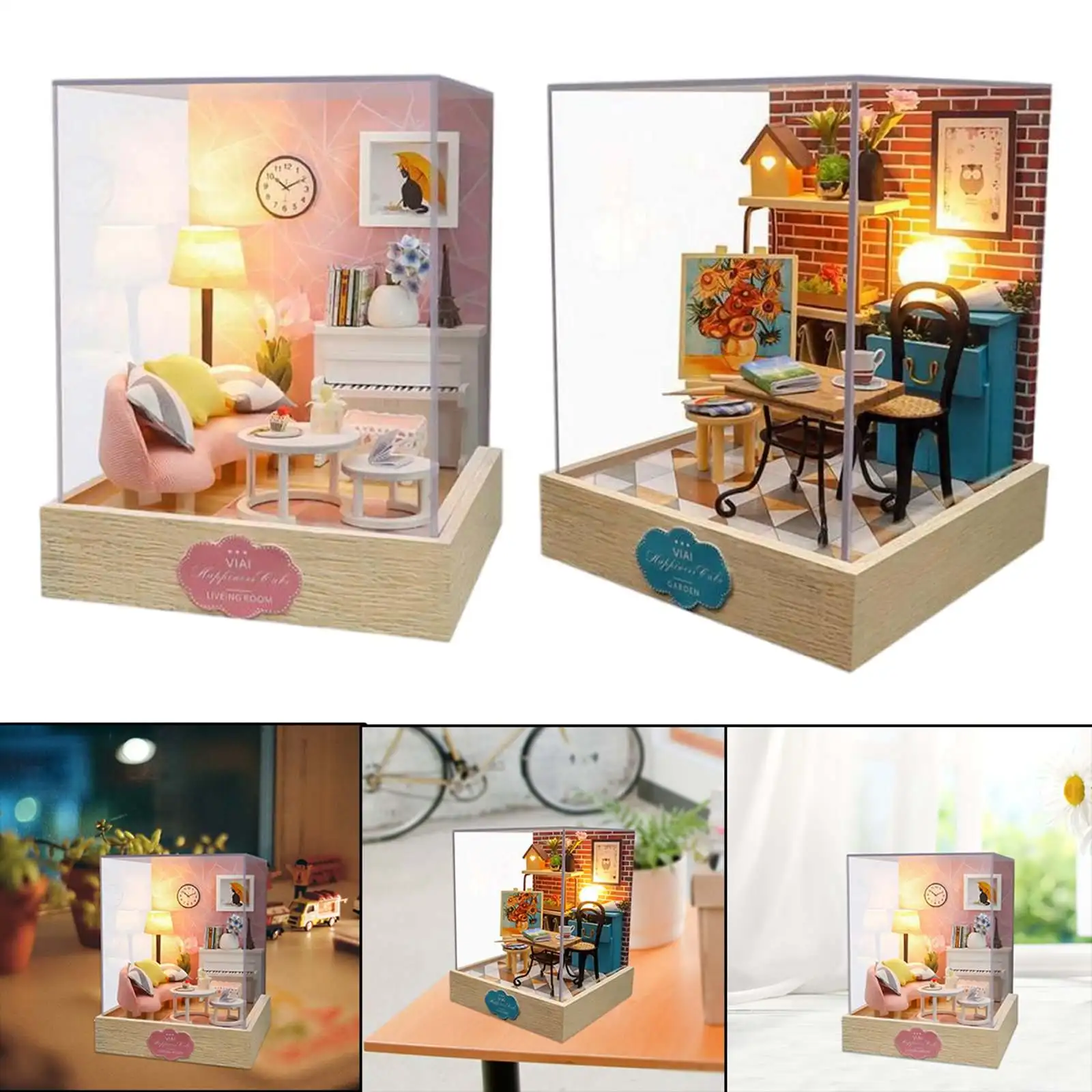 

2x Wooden Miniature Dollhouse Toys LED Miniature House for Kids Gifts