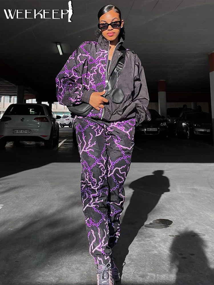 

Женский спортивный костюм на молнии Weekeep Y2k, комплект из двух предметов, осенний спортивный костюм, куртка на молнии, эластичные штаны с высо...