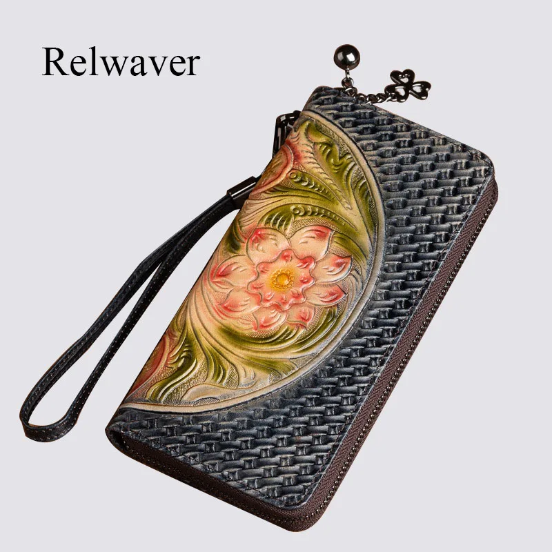 

Hand brushed color cow leather wallet tree cream leather long wallet Chinese style vingate zipper genuine leather clutch purse