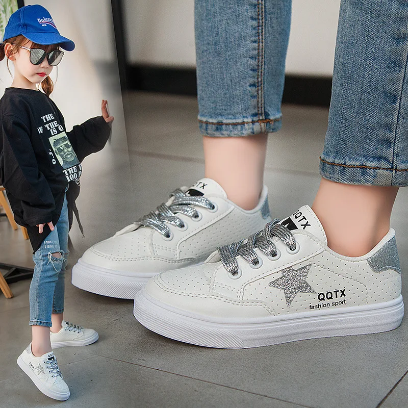 

Children's Flats Fashion Sneakers Glitter Five-Pointed Star Toddler Boys Girls Casual Shoes Rubber Sole Lace Up Kids Sport Shoes