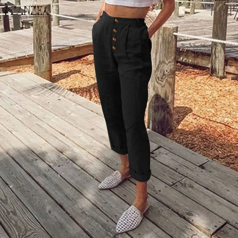 

ZANZEA 2021 Women Elegant Autumn Pants Button Long Palazzo Femme Pockets Casual Long Trouser Button Street Solid Cotton Pantalon