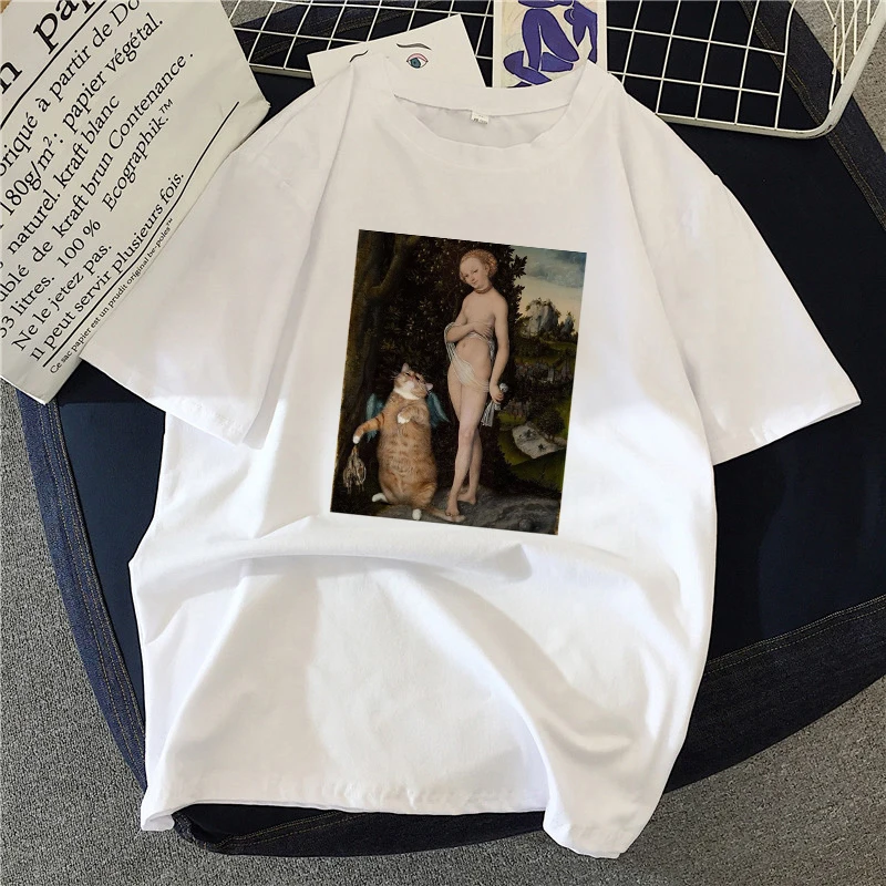 

2020 Summer Women T-shirt Cat oil painting Printed Tshirts Casual Tops Tee Harajuku 90s Vintage White tshirt Female Clothing