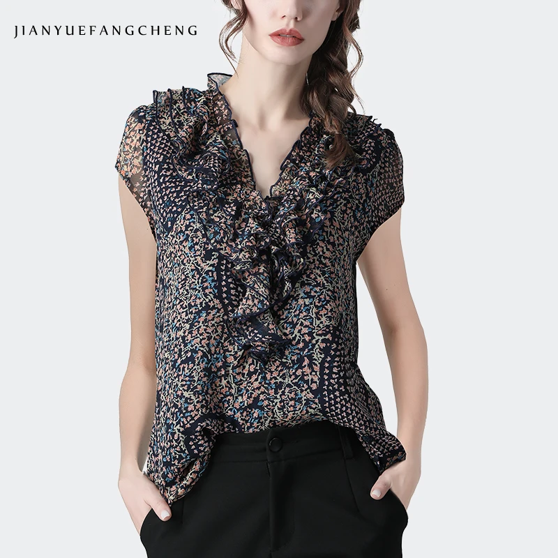 Женская шифоновая блузка с цветочным принтом Свободный Топ коротким рукавом и