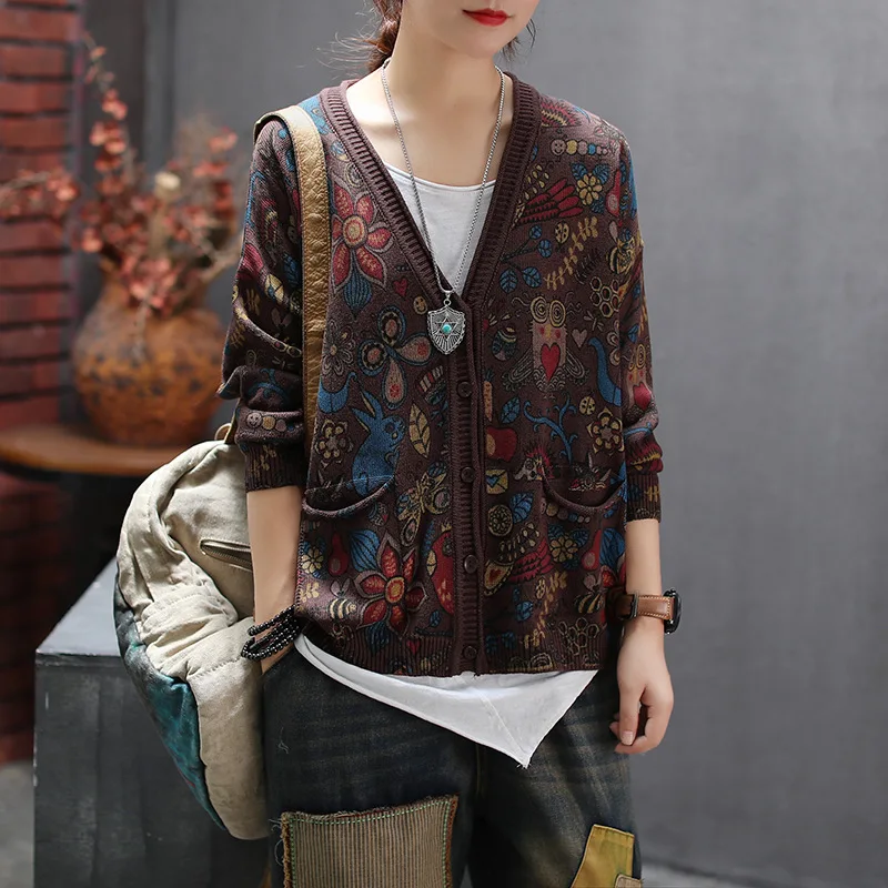 Весенне осенние женские свитера с принтом в стиле ретро свободный v образный