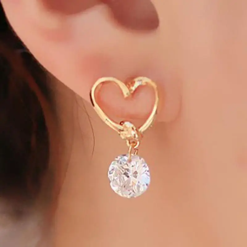 Simple New Design Women's Cute Love Heart Crystal Zircon Dangle Ear Pins Drop Earrings Dangles For Women Wedding Party Gift | Украшения
