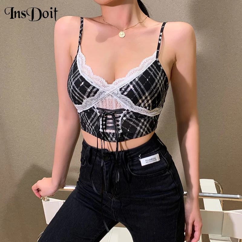 

InsDoit Gothic Sexy Summer Crop Tops Women Streetwear Sleeveless Vintage Lace Corset Bandage Hollow Out Camis Harajuku Basic Top