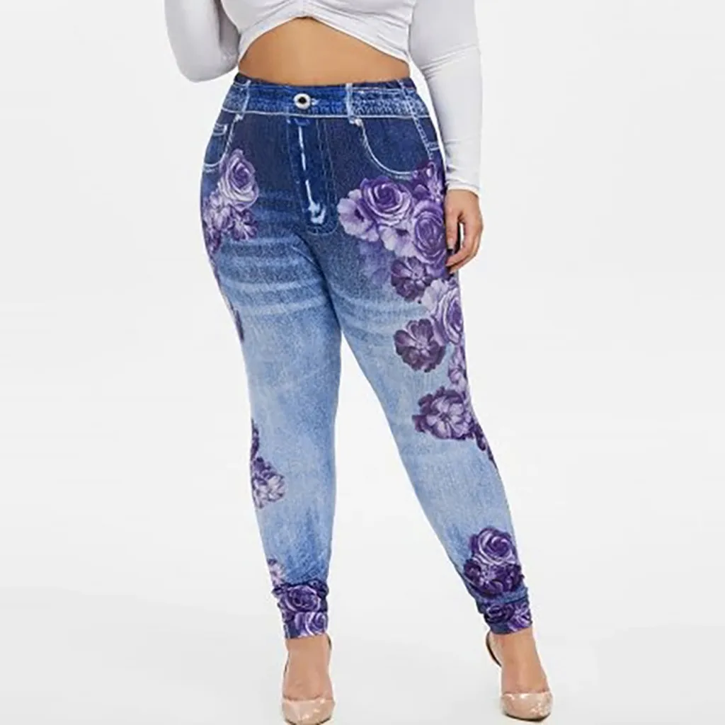 L 5XL размера плюс женские леггинсы с принтом имитирующие джинсы эластичные талии