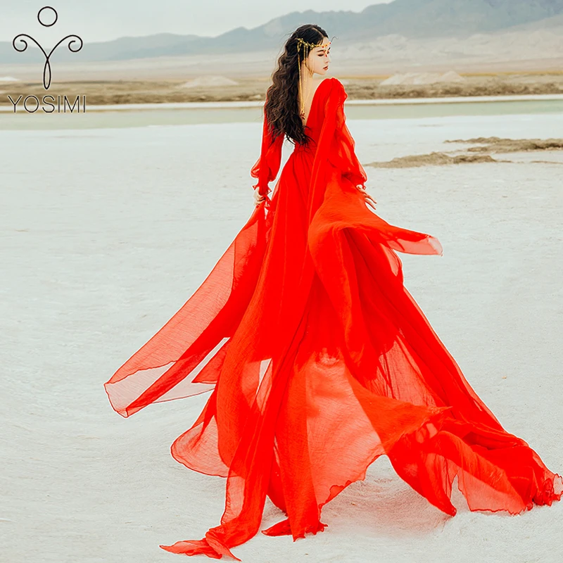 

Floor-Length Red Chiffon Long Women Dress 2021 Summer V-neck Long Sleeve Fit and Flare Backless Women Party Dress Elegant Female