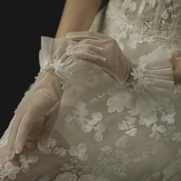 short wedding bridal gloves with lace whitetransparent guantes de novia tulle gloves bride wrist length full finger gloves