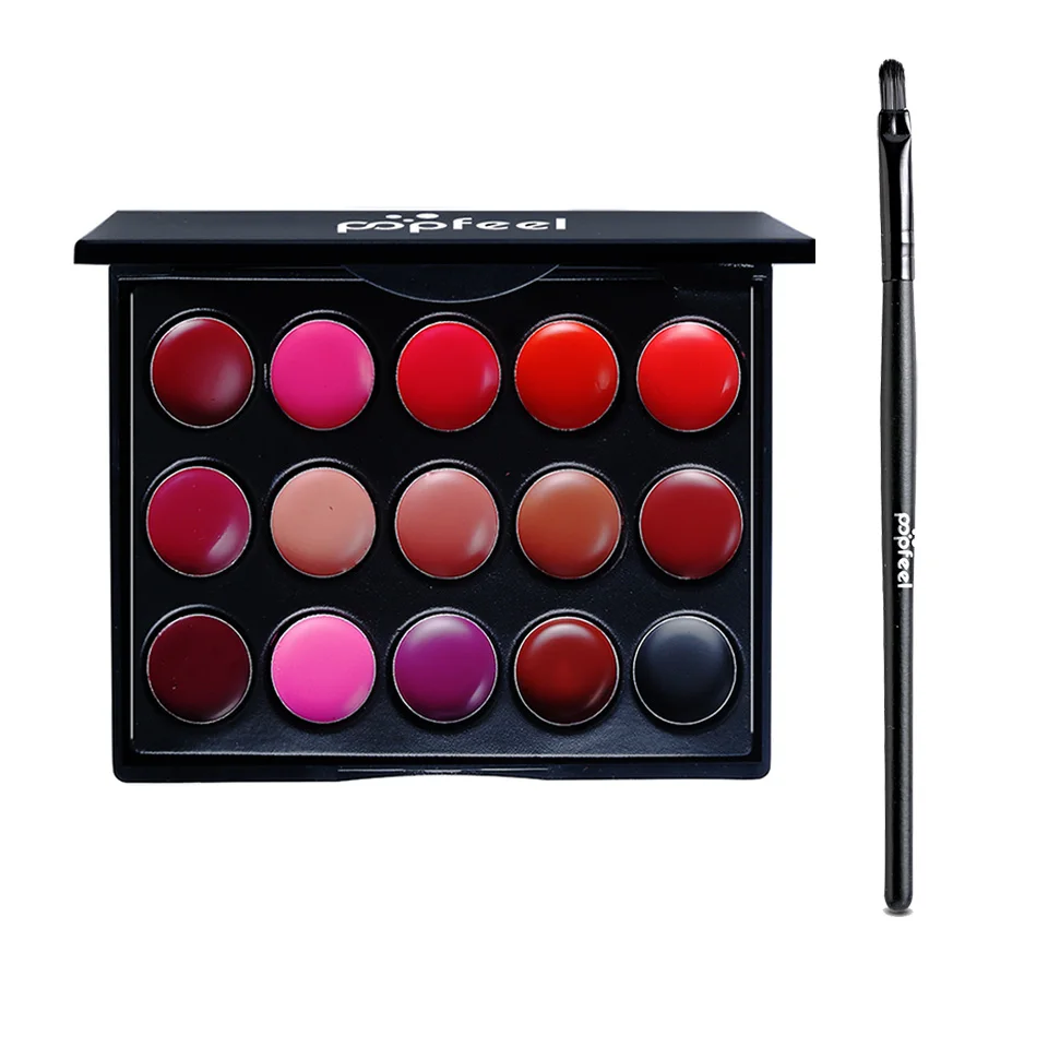 Lip Gloss And Brush POPFEEL, 15 цветов, набор для макияжа, бархатный блеск для губ+ Губная Палетка с кистью, стойкая матовая губная помада, антипригарная чашка, губная помада, косметика, 50 г - Цвет: Lip Gloss And Brush
