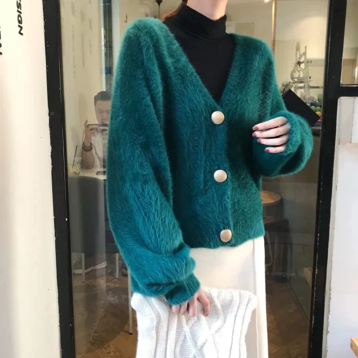 

New Korean Loose V-neck Elegant Mink Cashmer Knitted Cardigan Sweater Coat Women Autumn Winter Single Breasted Casual Outwear