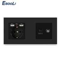 esooli plastic panel eu standard electric socket with 2 usb 1 gang rj11 telephone and female tv jack connector 17286mm