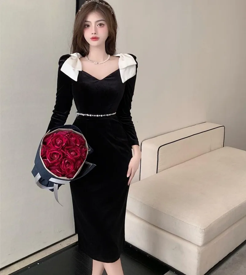 

Женское облегающее платье-карандаш, винтажное облегающее платье в Корейском стиле Хепберн с бантом, весна 2022