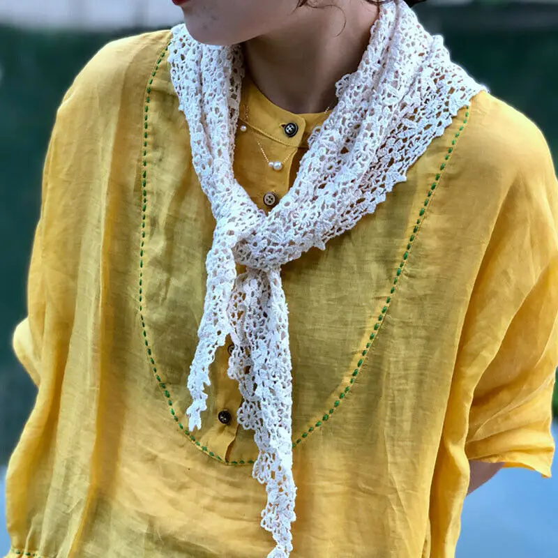 Модный вязаный крючком длинный шарф в японском стиле с ажурным кружевом и розами