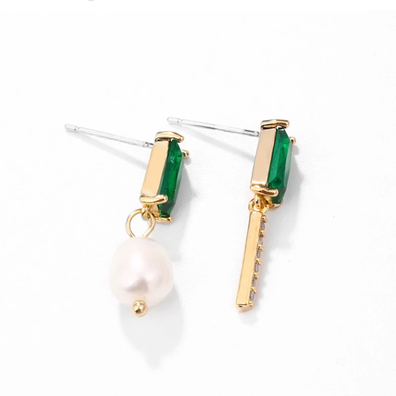 Elegant Pearl Stud Earring Genuine Freshwater Pearls Earrings For Women Chic AB Design Asymmetric Green Crystal | Украшения и