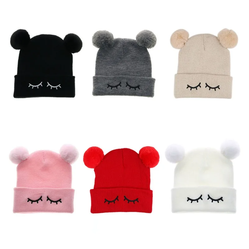 Winter Children's Cap Headgear Eyelash Embroidery Imitation Fox Fur Double Ball Knitted Wool White red Black Gray 0-7T | Детская