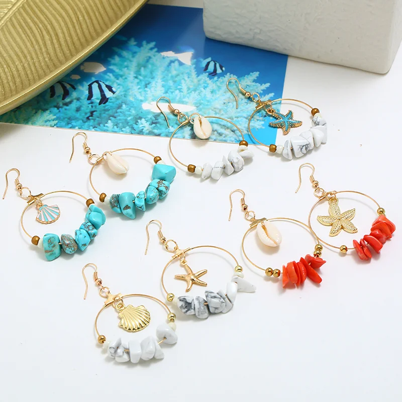 

Natural Sea Shell Conch Gold Plated Dangle Earrings for Women Charming Purple Flower Stone Beads Drop Earrings Jewelry Gifts