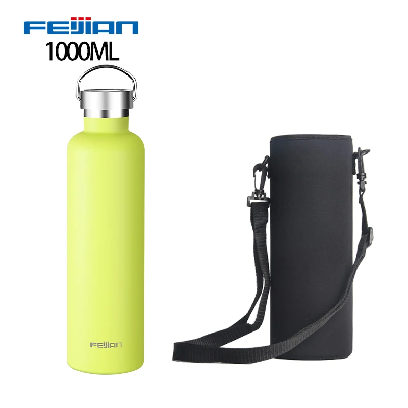 1000ml with sleeve FEIJIAN термос из нержавеющей стали с двойными стенками, термос с вакуумной изоляцией, герметичная Спортивная бутылка для воды, Стандартный рот - Цвет: 1000ml with sleeve