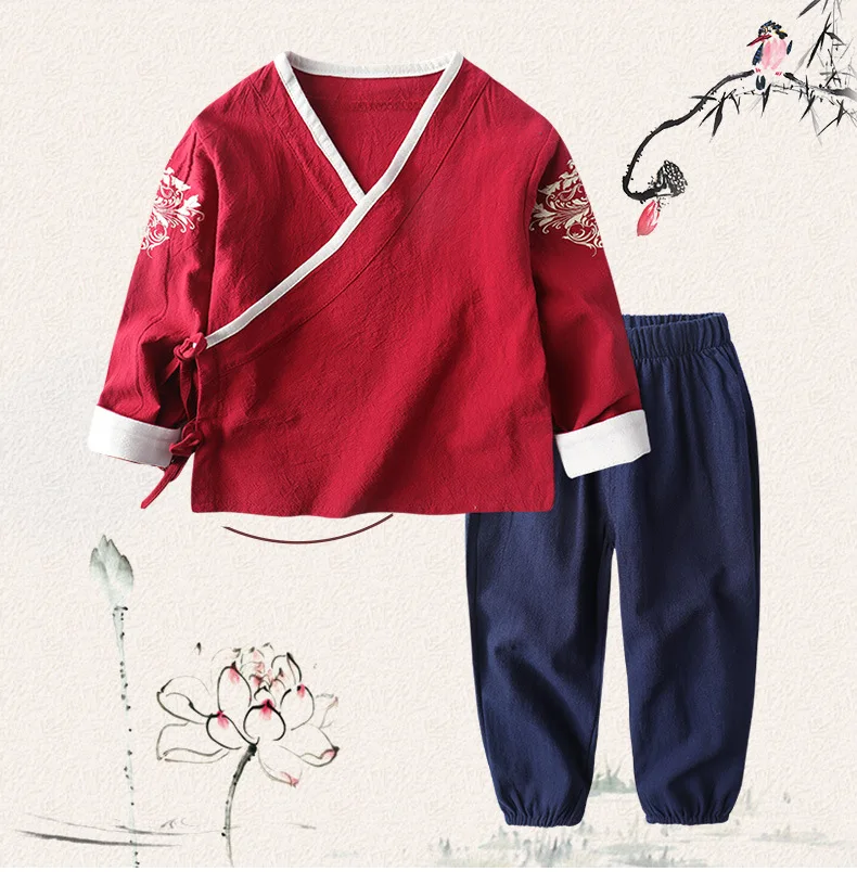 Детский хлопковый льняной традиционный костюм Hanfu Wu Tang в китайском стиле детское кимоно-Униформа «кунг-фу», топы и штаны японская одежда, комплект