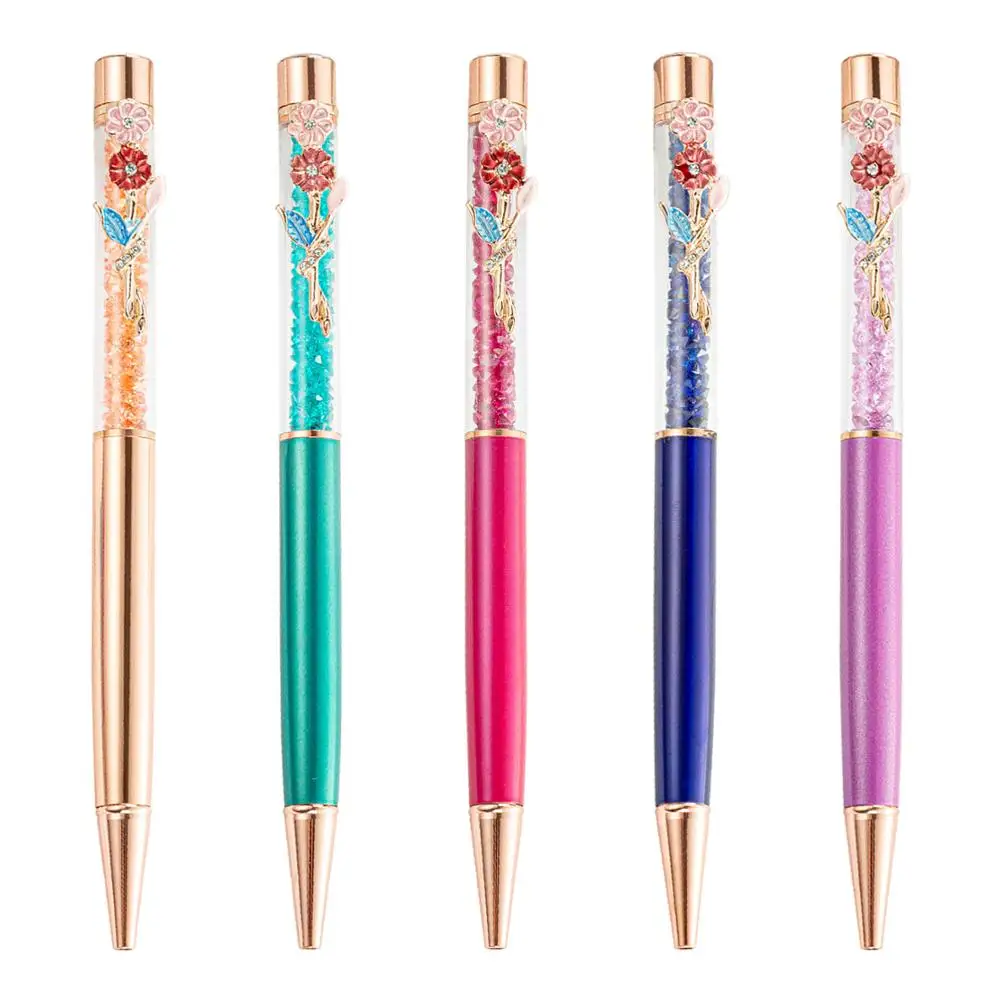 1000 шт./лот металлические шариковые ручки с кристаллами и цветочным зажимом