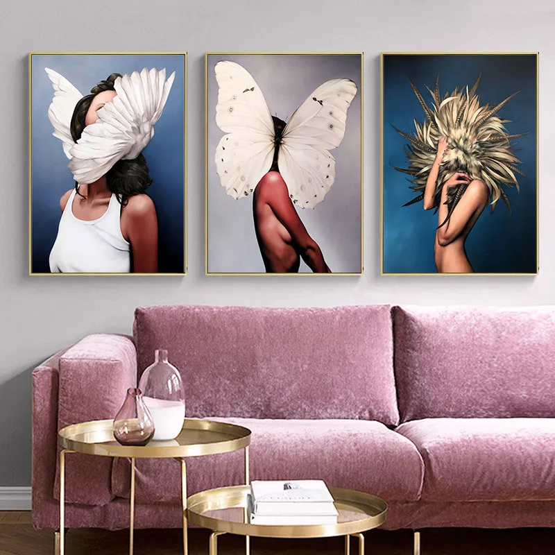 

Naked Woman Wall Indie Aesthetic Home Decoration Canvas Painting Woman Feather Head Picture for Living Room Bedroom Decor Poster
