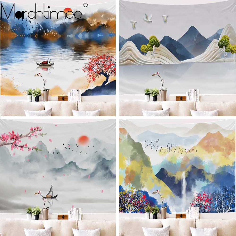 Гобелен с пейзажем чернильная живопись гора настенная Подвеска/ткань